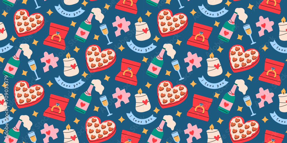 Seamless pattern with cute romantic elements on blue background. Valentine's day or February 14 concept. 