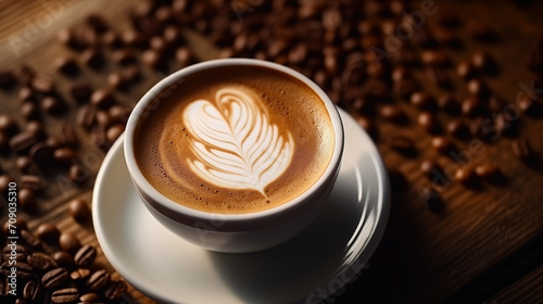 Coffee cup and beans  latte or cappuccino on a wooden surface. heart shape made with cream or milk. wood table background