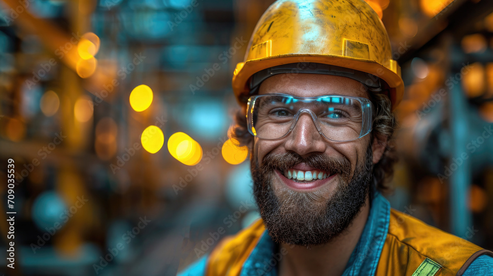 Cheerful bearded worker in yellow safety helmet and yellow vest smiling happily, professional people concept, copy space