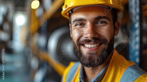 Cheerful bearded worker in yellow safety helmet and yellow vest smiling happily, professional people concept, copy space © Denis
