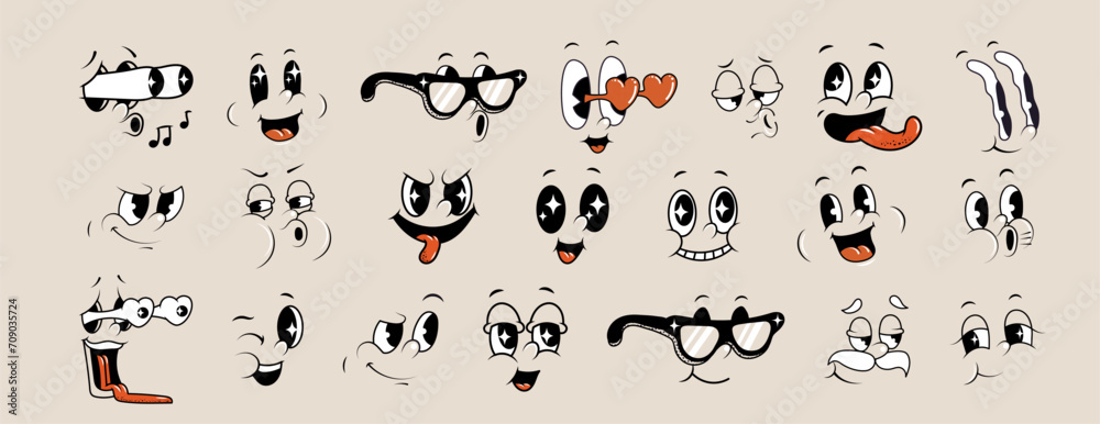 Cartoon retro faces. Vintage emotional face, old style funny eyes and mouth, different facial expression. Vector set	
