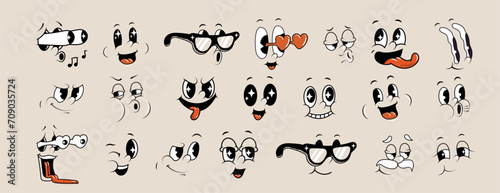 Cartoon retro faces. Vintage emotional face, old style funny eyes and mouth, different facial expression. Vector set	 photo