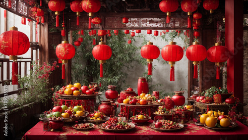 Bright still life depicting the traditional celebration of the Chinese New Year, with red lanterns. generative AI