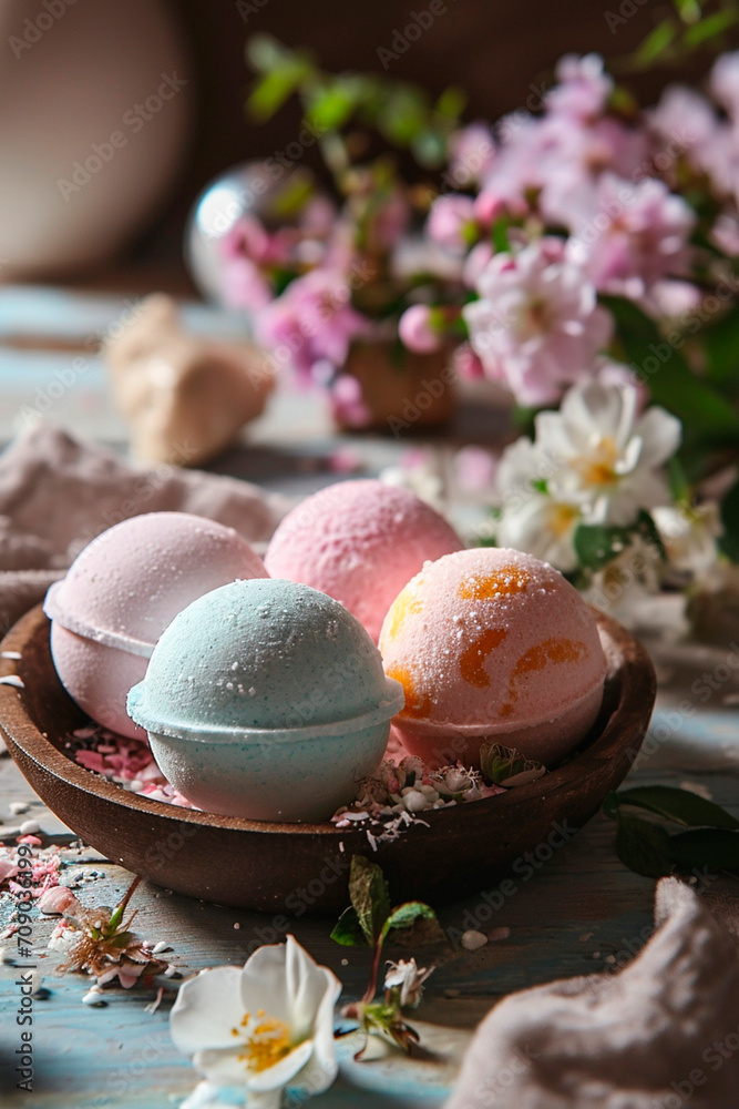 Obraz premium colorful spa bath bombs. Selective focus.