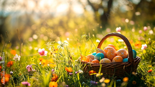 Easter eggs in a basket. Selective focus.
