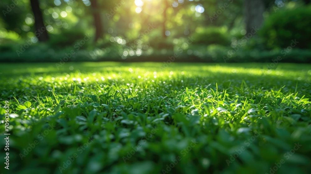 Naklejka premium Green grass field with sunlight creating dynamic shadows close up shot