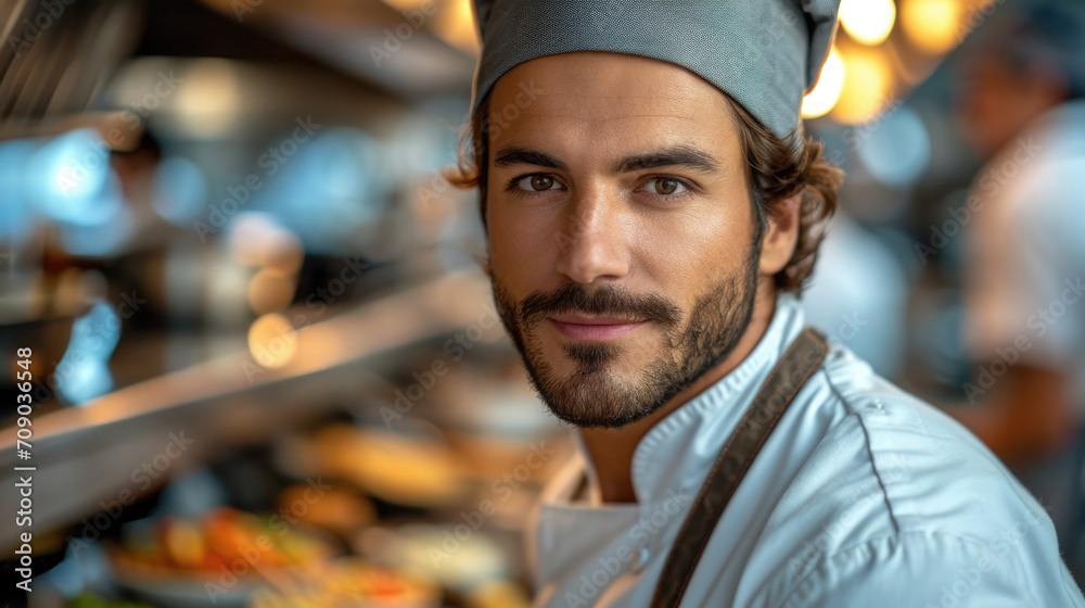 Fototapeta premium In a kitchen, wearing a chef's hat and apron