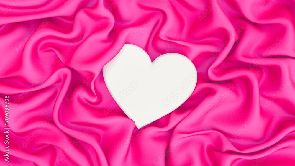 Pink silk background with white heart shape. 3d rendering. top view