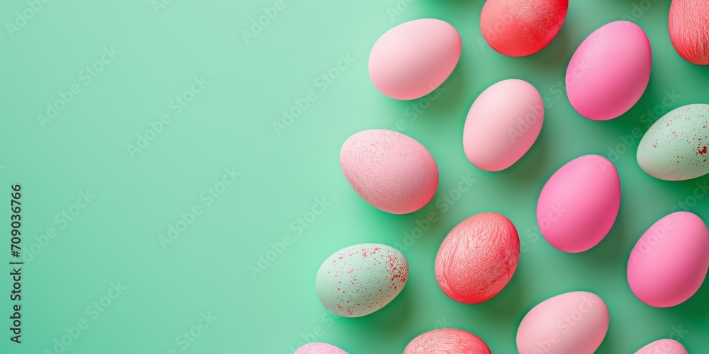 Top view of white and pink easter eggs pattern on green background Top view of white and pink easter eggs pattern on green background