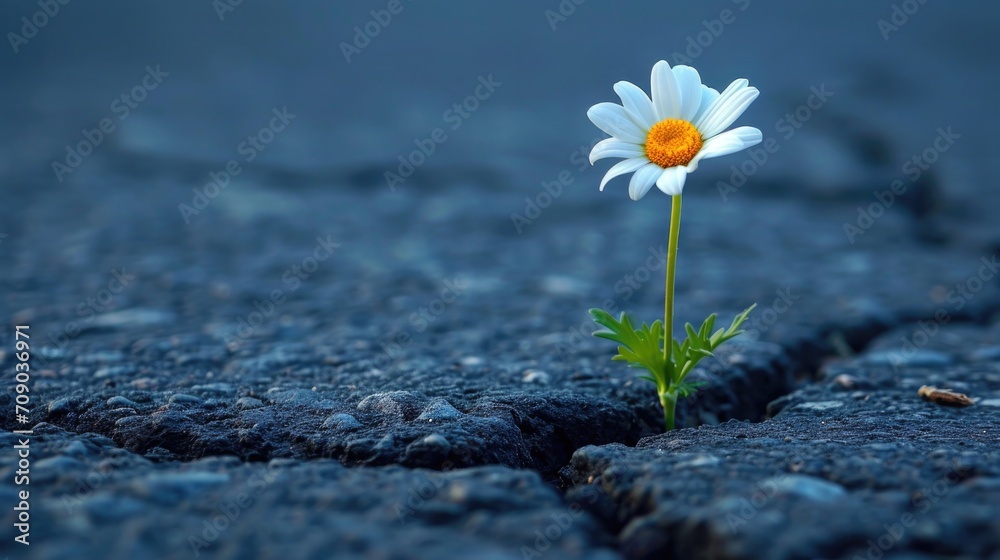 prevailing against all odds concept with Daisy flower growing from crack in the asphalt - obrazy, fototapety, plakaty 