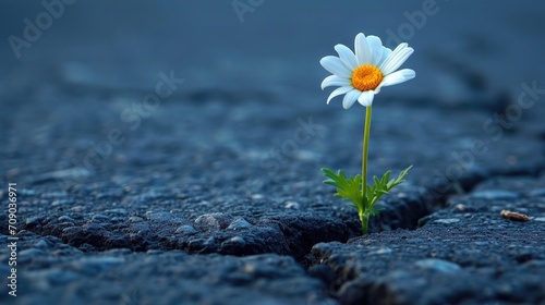 prevailing against all odds concept with Daisy flower growing from crack in the asphalt photo