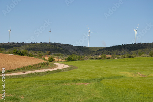 Agricultural landscape with aerogenerators on the horizon, near Puerto Lapice, Ciudad Real Province, Castilla-La Mancha, Spain photo