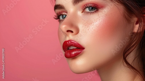 Close-up of lips with bright lipstick. Beautiful woman s face  makeup  cosmetics.