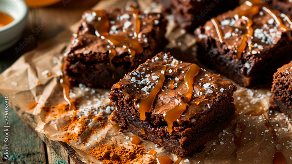 chocolate brownie with salted caramel. Selective focus. - obrazy, fototapety, plakaty 