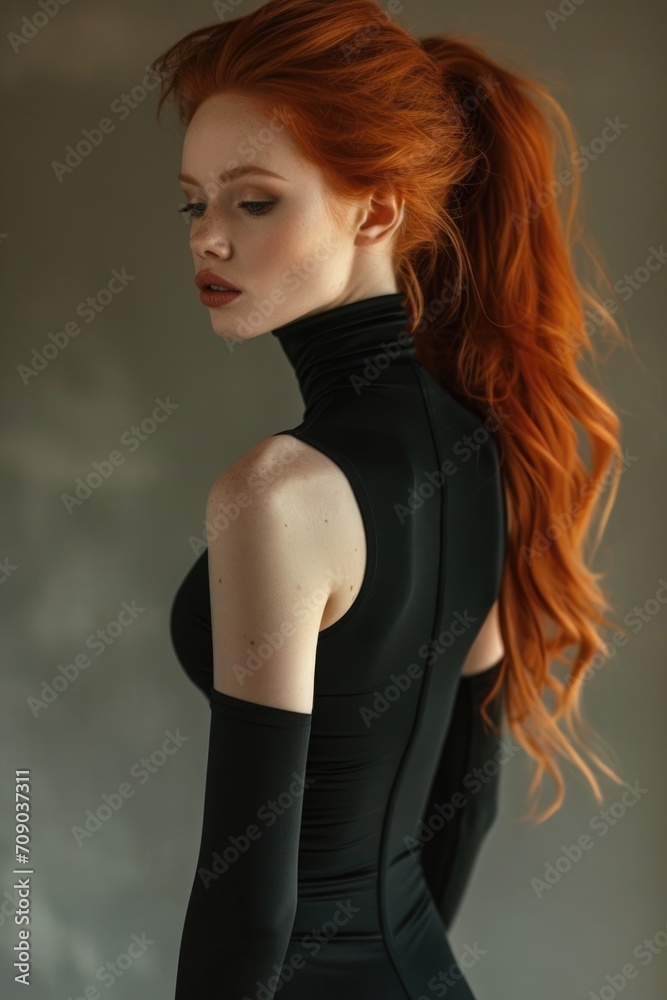 Fototapeta premium supermodel, red hair, sleek ponytail