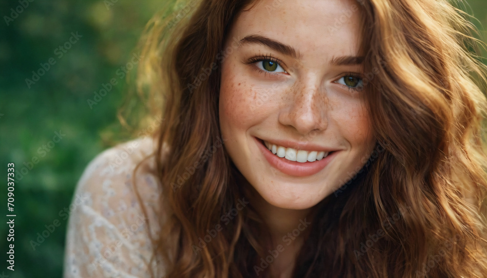 Young Woman with Freckles and Radiant Smile - Emerald Eyes and Wavy Hair - Soft Light Portrait Young Woman with Freckles and Radiant Smile - Emerald Eyes and Wavy Hair - Soft Light Portrait