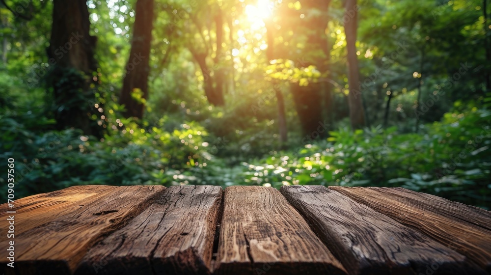 Wooden table over soft blurry green nature in forest as background. Using a Mock up template for your design display Wooden table over soft blurry green nature in forest as background. Using a Mock up template for your design display
