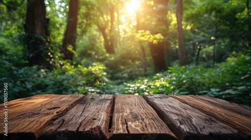 Wooden table over soft blurry green nature in forest as background. Using a Mock up template for your design display 