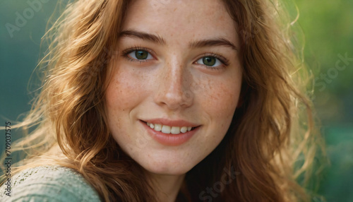 Young Woman with Freckles and Red Hair Smiling, Emerald Eyes, Long Wavy Hair, Soft Light Headshot © Artur