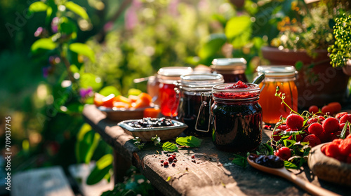 Various berries jam in the garden. Selective focus. © Erik