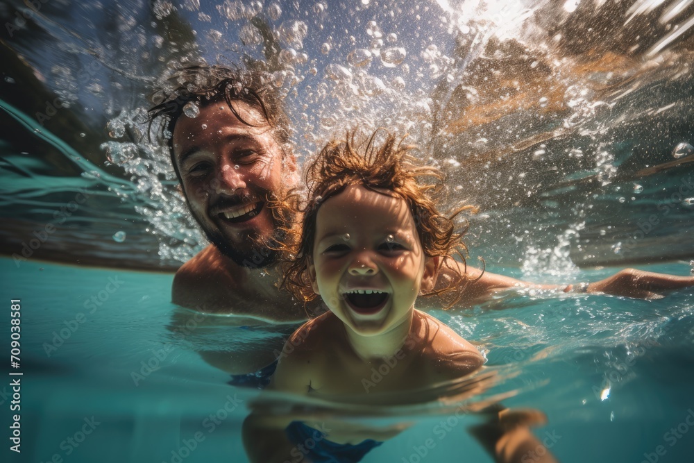 With water flying around them, a parent and child share a delightful swim, grinning widely under the bright sun, blurred background With water flying around them, a parent and child share a delightful swim, grinning widely under the bright sun, blurred background