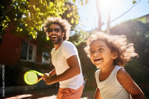 Sunlit laughter fills the air as a father and child enjoy a game of tennis, with the child gleefully chasing the ball © gankevstock