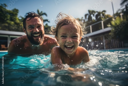 parent and their child are laughing joyously while splashing in the shimmering blue water of a pool, under the clear sky, blurred background © gankevstock