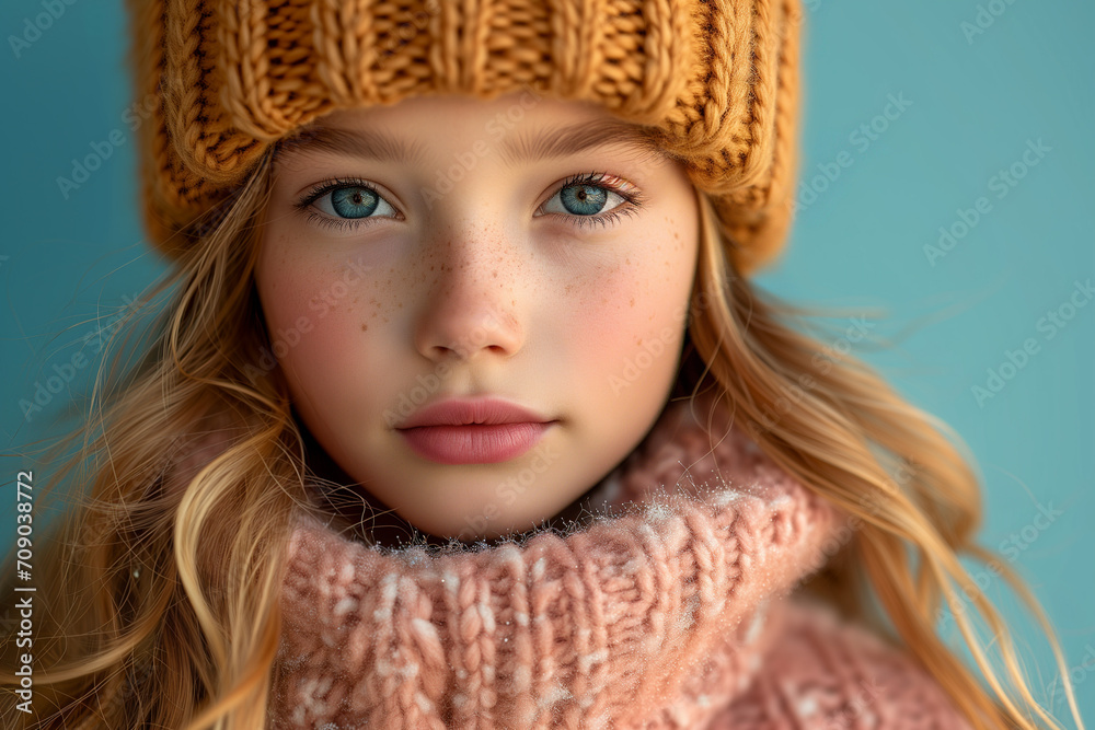 A young girl with sparkling blue eyes and a warm smile wears a winter hat. Red-haired girl with blue eyes in a woolen hat and scarf under the snow A young girl with sparkling blue eyes and a warm smile wears a winter hat. Red-haired girl with blue eyes in a woolen hat and scarf under the snow