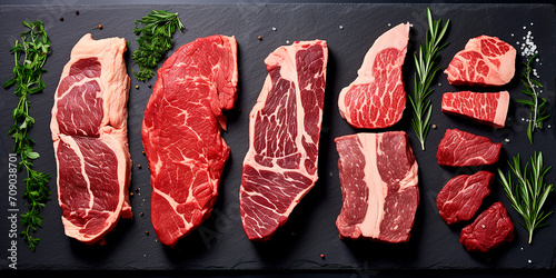 A set of juicy raw steaks and meats with spices and herbs. On a dark background. Flat lay