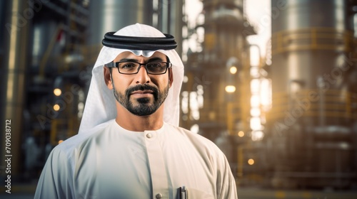 Arabic man in traditional Arabic clothes in front of oil refinery