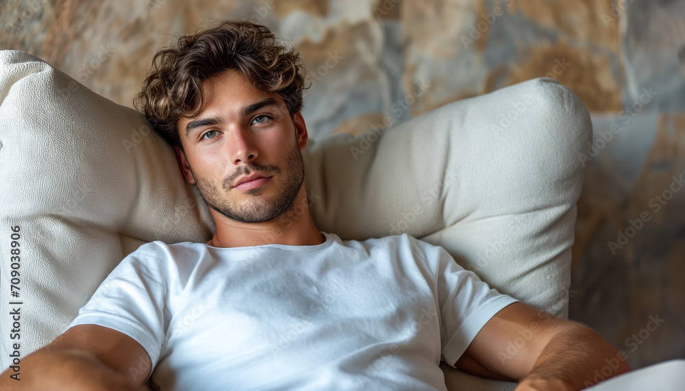 handsome young man sits in a relax chair in the living room at home handsome young man sits in a relax chair in the living room at home