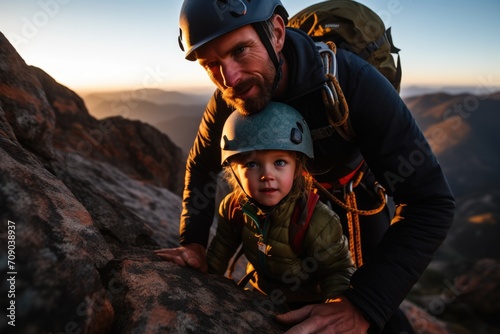 smiling child and father in climbing gear enjoy a break on a mountain trail, blurred background
