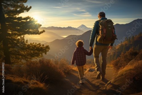 man and a young boy with backpacks gaze at distant mountains while trekking through a forest, blurred background