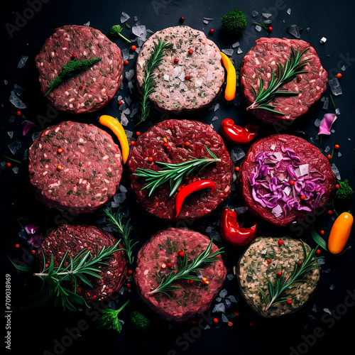 Raw minced beef cutlets with spices and herbs ready for cooking on a dark background
