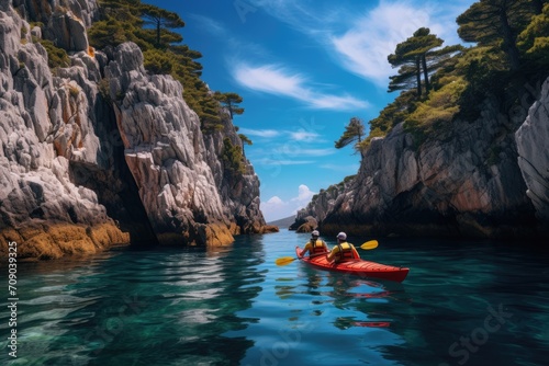 Two people in a red kayak gently paddle through a calm turquoise cove, surrounded by rugged cliffs and greenery