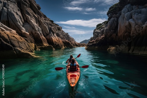 Two people in a red kayak gently paddle through a calm turquoise cove, surrounded by rugged cliffs and greenery