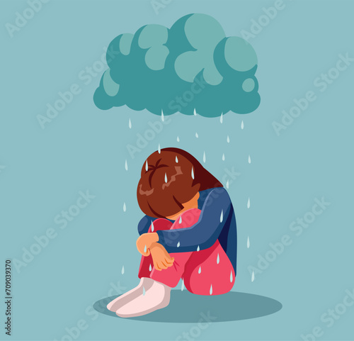 Sad Child Sitting under a Rainy Depression Cloud Concept Illustration. Unhappy kid suffering feeling blue and lonely 
