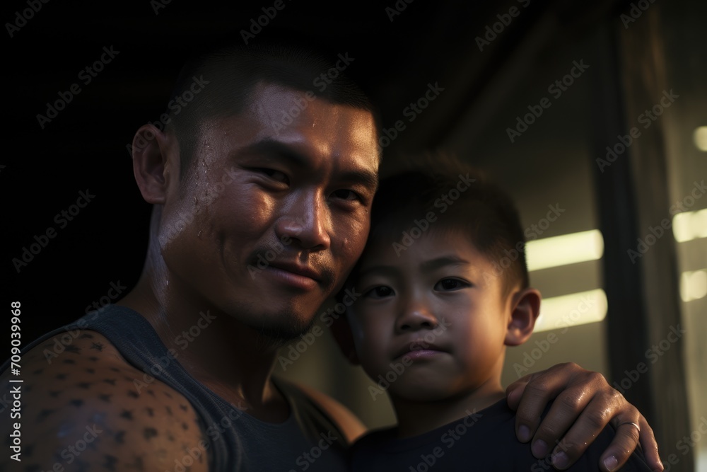 Obraz premium father, glistening with sweat, proudly embraces his young son in a moment of close connection