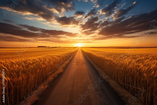Straight road amid golden wheat fields. Peaceful countryside view with serene rural charm photo