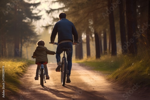Back view of a parent and child cycling down a forest trail as the sun sets, casting a warm glow