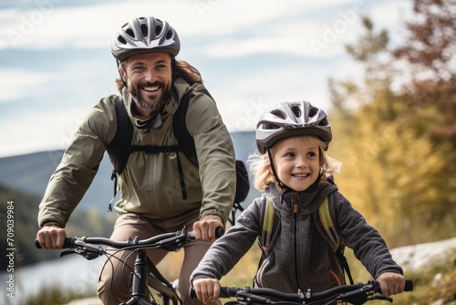 Smiling father and child in helmets enjoying a bike ride on a mountain trail amidst nature
