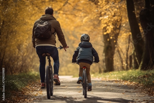 parent and child ride bikes on a path covered with fall leaves, enjoying the crisp air