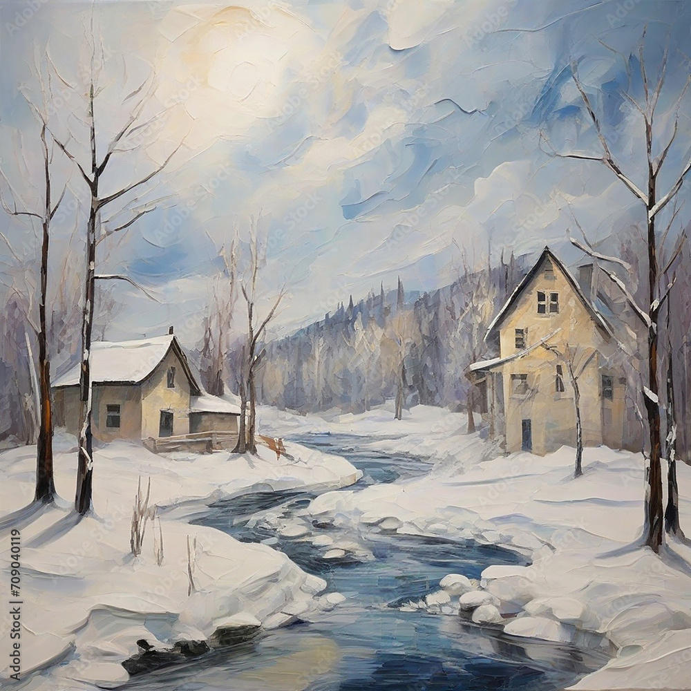 Experience the raw emotion of a winter scene, captured in the abstract and dynamic style of expressionism