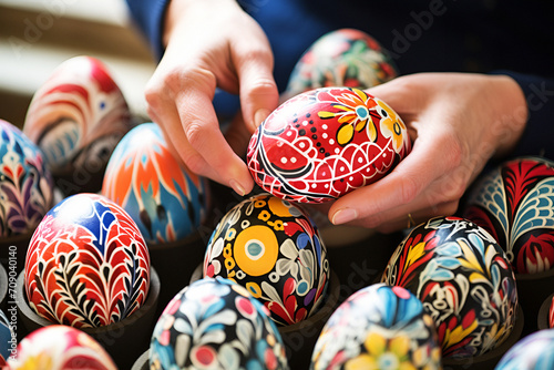 Close-up of hands delicately painting an Easter egg with folk designs