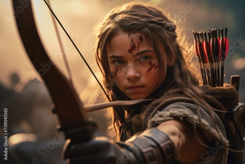  young girl with an intense gaze stands ready with her bow, embodying the spirit of a medieval warrior, her focus sharp against the backdrop of a setting sun © gankevstock