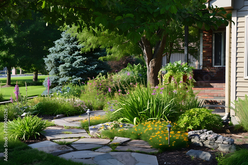 Gartenidylle: Eine harmonische Gartenlandschaft voller Blütenpracht und natürlicher Entspannung, eingefangen in einem bezaubernden Bild für Ihre Kreativprojekte