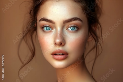 Portrait of beautiful young woman.The face of a beautiful with perfect smooth skin. on a brown background, Generative AI