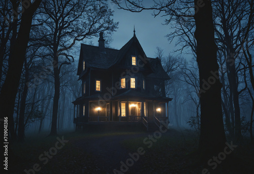 Haunted House in Enigmatic Forest at Night