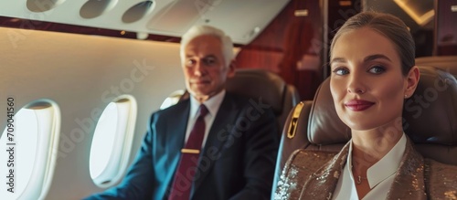 Female flight attendant and older male executive are aboard a luxurious private plane.