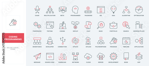Program code development line icons set. Workflow and tools of programmer, algorithm and bug search, application optimization and management thin black and red outline symbols, vector illustration